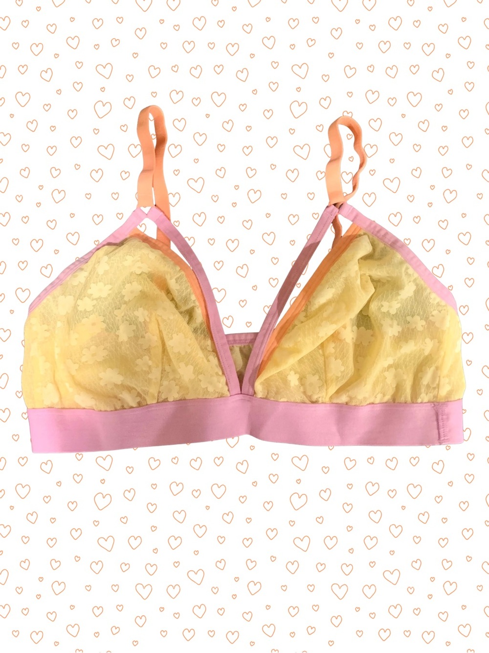 Lace Triangle Bralette in Yellow with Pink & Orange Trim